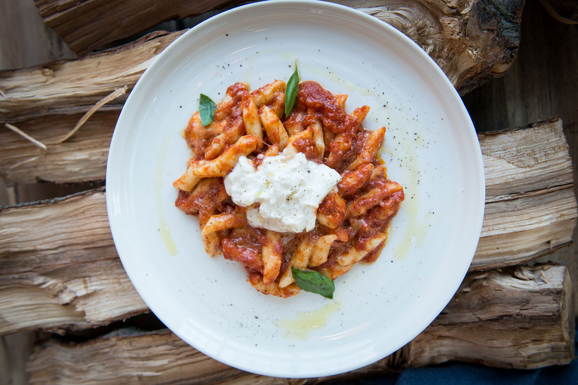 Close up of of delicious pasta dish, Sorrentina gnocchi, tomato, burrata, reggiano